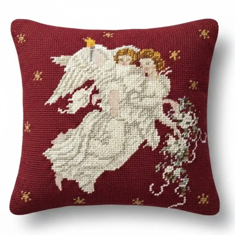 Vintage Handmade Angel Needlepoint Pillow Christmas Holiday Traditional 10x10